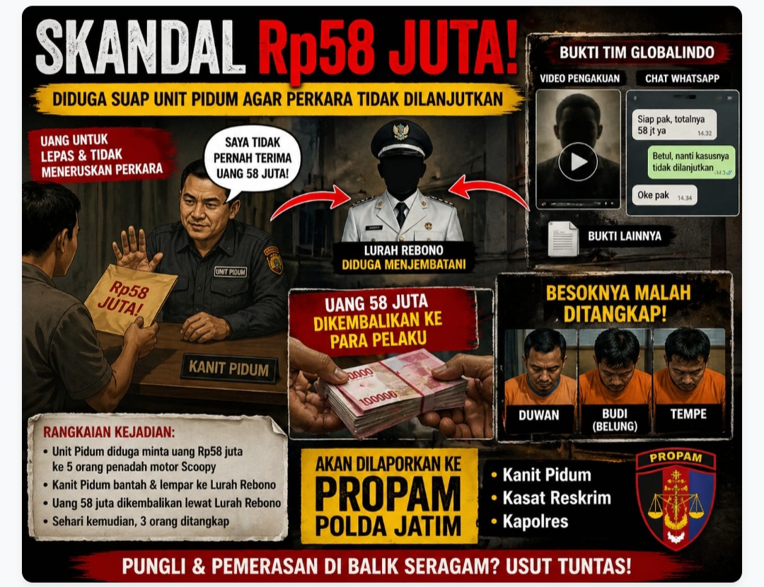 SKANDAL HUKUM MOJOKERTO: Rp58 JUTA DIDUGA JADI “KUNCI DAMAI”, DIBANTAH, DIKEMBALIKAN, LALU TIBA-TIBA PENANGKAPAN! ADA APA DI BALIK UNIT PIDUM